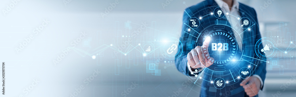 Obraz premium Business consultant pointing at B2B and networking corporate partnership data systems, digital commerce, client communication, business collaboration, sales strategy