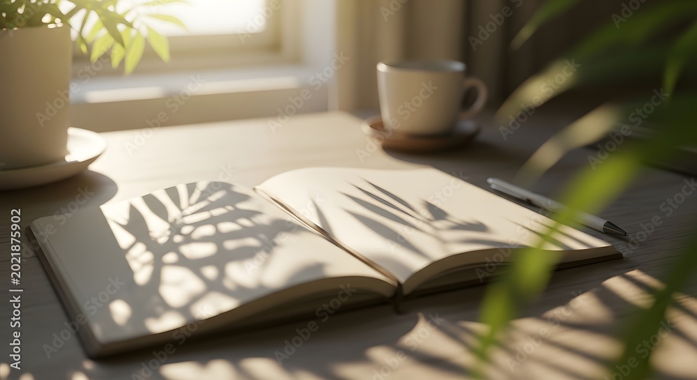 Fototapeta premium Open book with shadow of leaves on wooden desk near sunny window