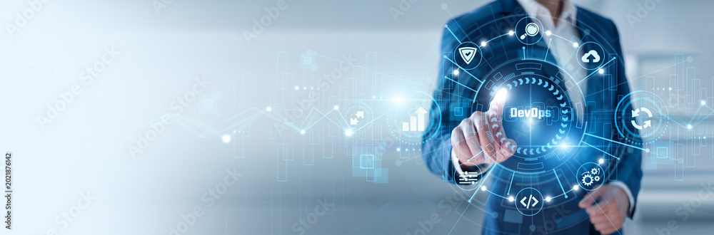 Fototapeta premium DevOps engineer pointing at DevOps and networking continuous integration data systems, software delivery automation, cloud deployment pipelines, agile development operations