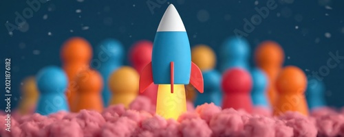 Vibrant 3D illustration of blue and white rocket blasting off, surrounded by pink clouds and blurred crowd of diverse, colorful pawn like figures.