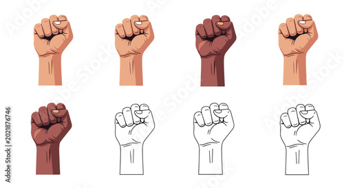 Set of eight raised fists in various skin tones and line art styles representing solidarity, unity, and strength.