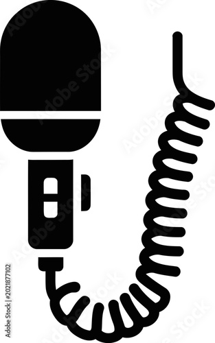 Black Handheld CB Radio Microphone Icon with Coiled Cable Isolated on White Background