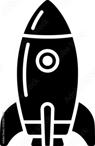 Minimalist black rocket ship icon isolated on white background for startup and space exploration