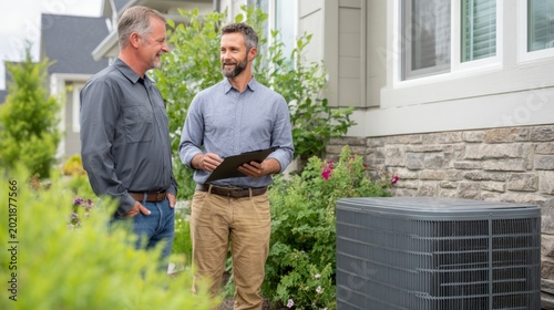 Two Professionals Engaged in a Discussion by a Residential Air Conditioning Unit Surrounded by Lush Greenery and Colorful Flowers