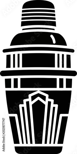 Black Art Deco Style Cocktail Shaker Icon Silhouette Isolated on White Background