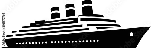 Black and white silhouette of a vintage cruise ship or ocean liner on a white background