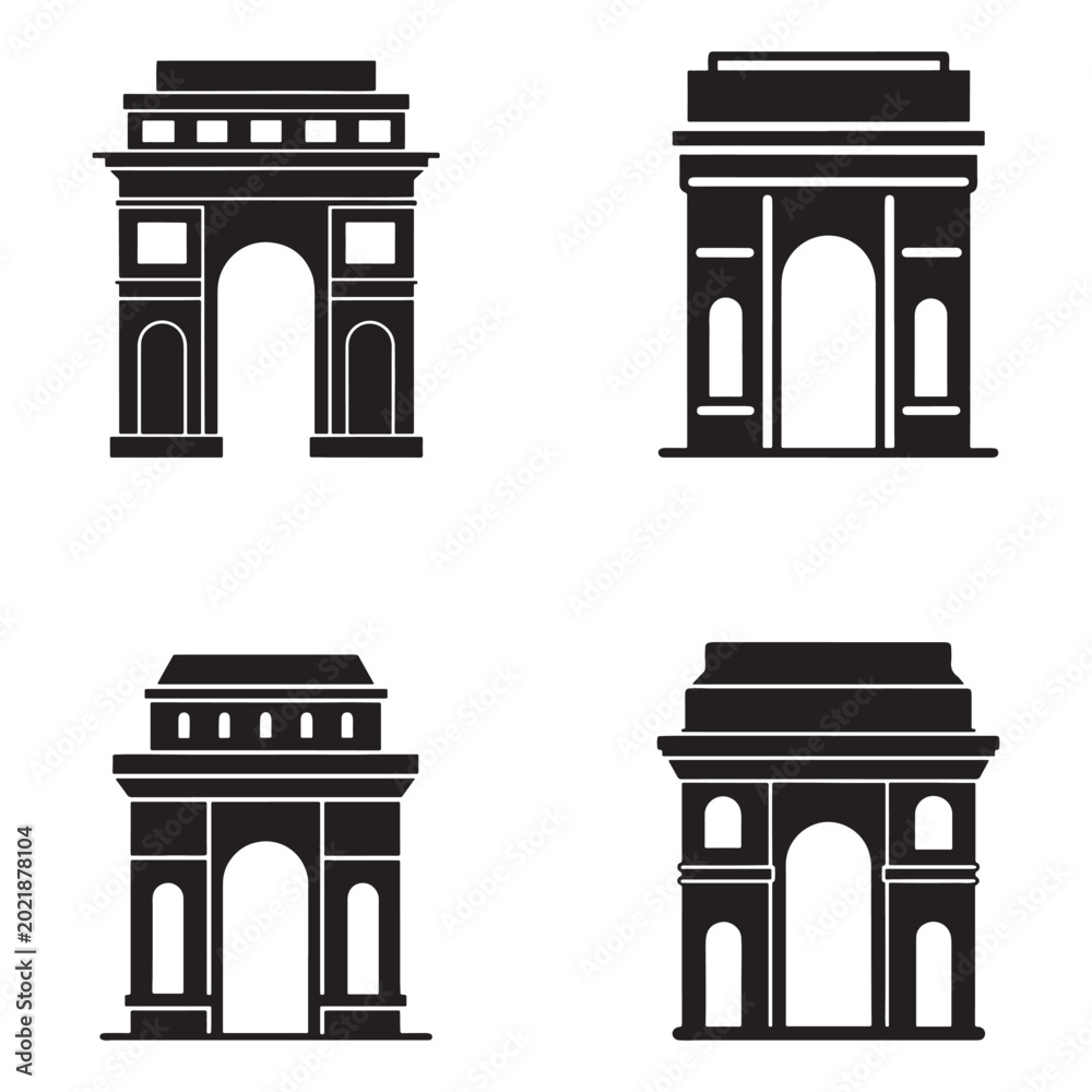 Fototapeta premium Set of black and white illustrations of arch gates with different designs and structures monumental architecture iconic landmarks