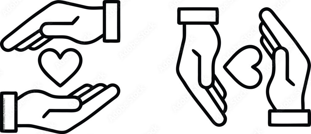 Fototapeta premium Set of minimalist line art icons depicting hands protecting a heart symbol representing charity, healthcare, insurance, and social support