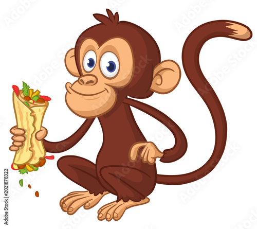Photography Cartoon funny monkey chimpanzee holding falafel or kebab in his hands