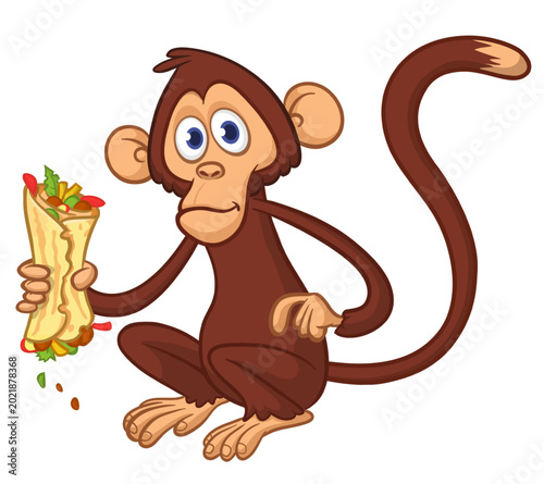 Canvas Print Cartoon funny monkey chimpanzee holding falafel or kebab in his hands