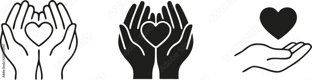 Fototapeta premium Set of minimalist vector icons featuring hands holding a heart symbol for charity donation, healthcare support, insurance, and volunteerism