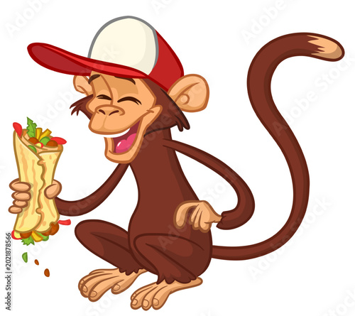 Photography Cartoon funny monkey chimpanzee holding falafel or kebab in his hands