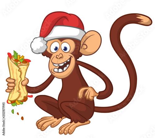Photography Cartoon funny monkey chimpanzee holding falafel or kebab in his hands and santa hat