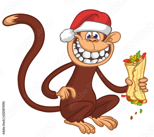 Canvas Print Cartoon funny monkey chimpanzee holding falafel or kebab in his hands and santa hat