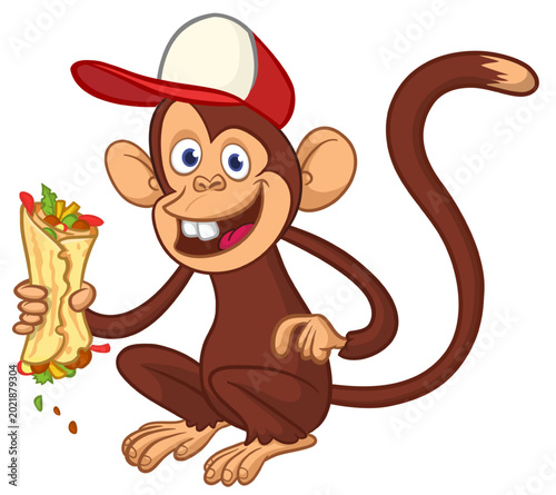 Photography Cartoon funny monkey chimpanzee holding falafel or kebab in his hands