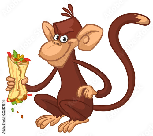 Photography Cartoon funny monkey chimpanzee holding falafel or kebab in his hands