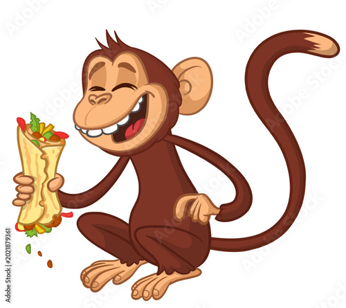 Photography Cartoon funny monkey chimpanzee holding falafel or kebab in his hands