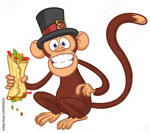 Canvas Print Cartoon funny monkey chimpanzee holding falafel or kebab in his hands