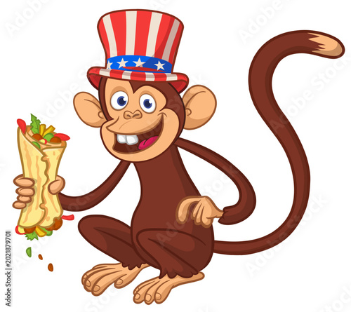 Canvas Print Cartoon funny monkey chimpanzee holding falafel or kebab in his hands