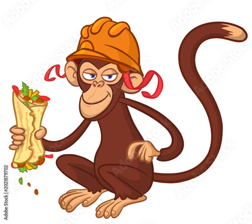 Canvas Print Cartoon funny monkey chimpanzee eating falafel and wears safety helmet