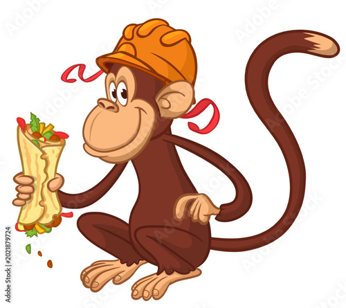 Canvas Print Cartoon funny monkey chimpanzee eating falafel and wears safety helmet