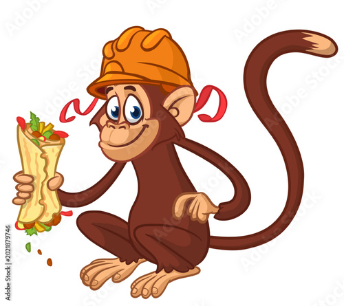 Photography Cartoon funny monkey chimpanzee eating falafel and wears safety helmet