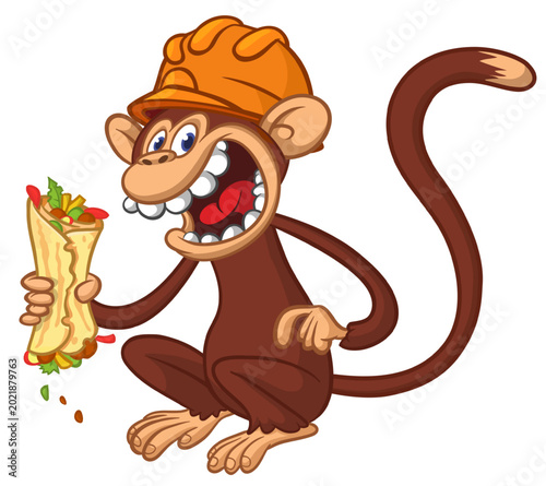 Canvas Print Cartoon funny monkey chimpanzee eating falafel and wears safety helmet