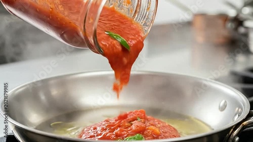 Fresh tomato sauce is being poured from a glass jar into a hot metal frying pan