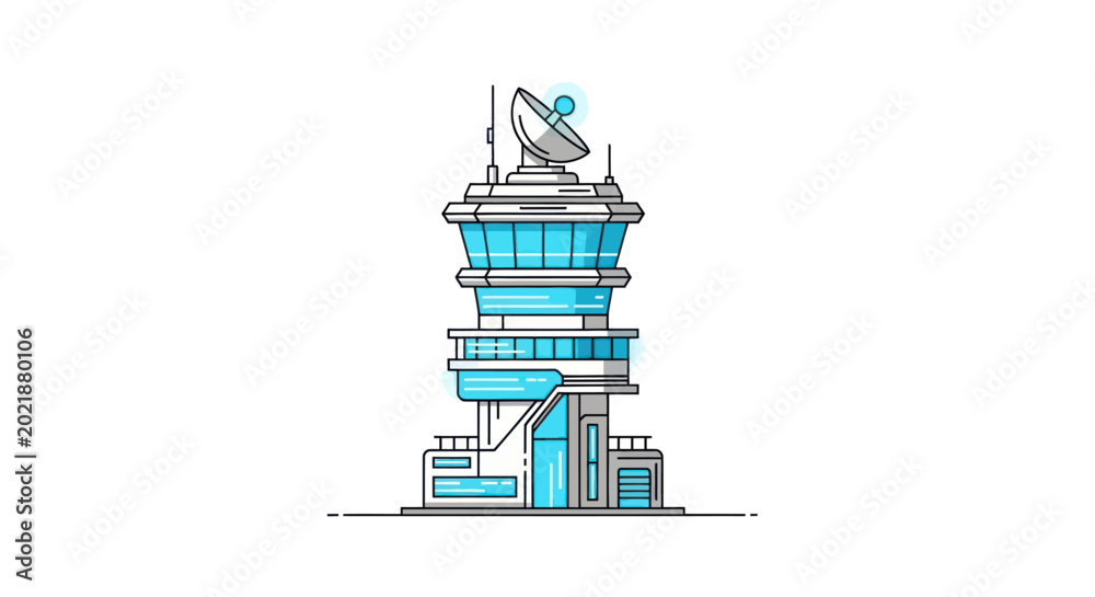 Fototapeta premium Modern Communication Tower with Satellite Dish and Blue Lights