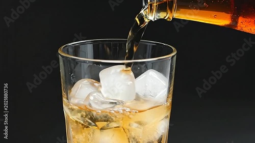 Golden liquid is poured from a glass bottle into a tumbler filled with ice cubes