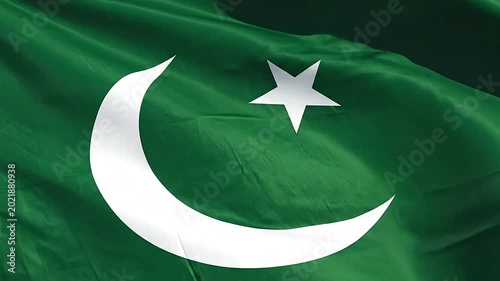 A green flag with a white crescent moon and star waving in the wind