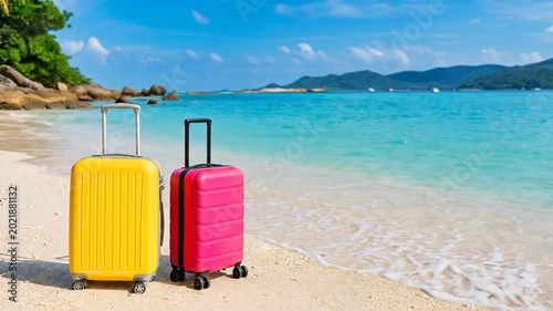 Two Colorful Suitcases on a Tropical Sandy Beach with Turquoise Ocean and Blue Sky - Summer Vacation Concept