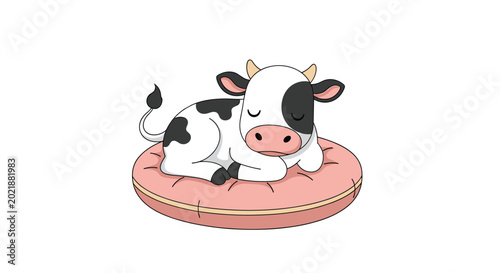 Cute cartoon cow with black spots sleeps peacefully on a soft pink cushion over a simple white background illustration.