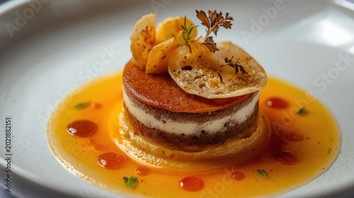Caramelized layered dessert with creamy filling and citrus sauce, elegant plated presentation