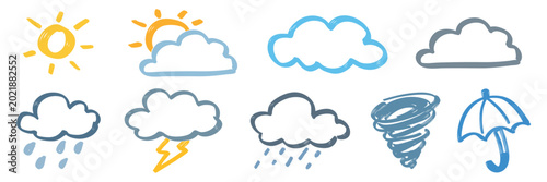 Bild auf Leinwand Cute weather doodle icon set with sun cloud rain storm tornado and umbrella hand