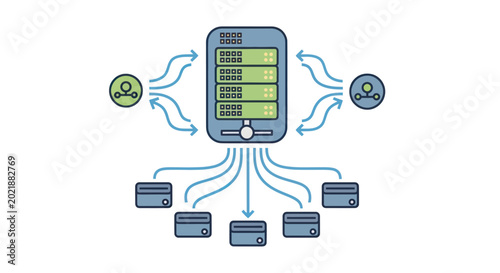 Foto Central Server Connected to Multiple Devices and Networks, Data Flow Illustratio
