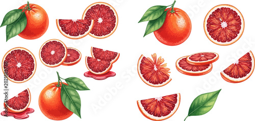 Fotografi Vibrant Blood Orange Collection: Whole, Sliced, and Juiced Citrus Fruits with Green Leaves
