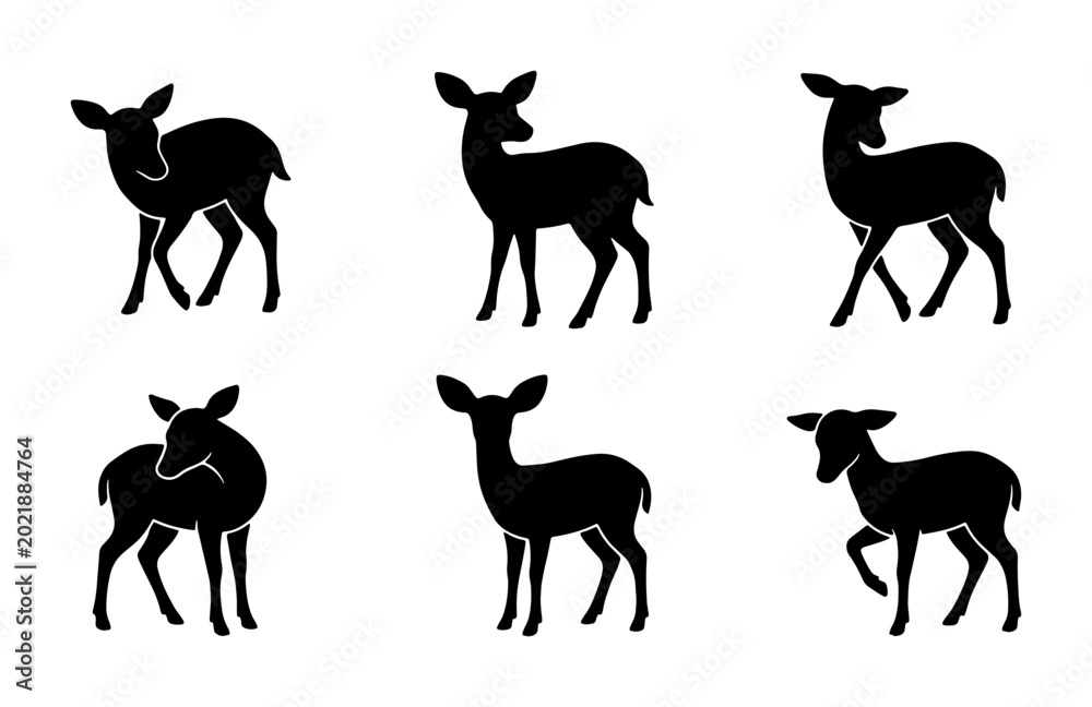 Fototapeta premium Set of Six Black Deer Silhouettes, Elegant Wildlife Vector Icons for Nature and Forest Designs, Minimalist Animal Graphics