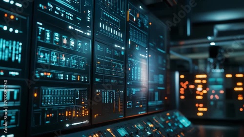 Server racks with glowing screens displaying complex data interfaces and analytics. Illustrating advanced technology. Artificial intelligence. And network infrastructure in a control room environment