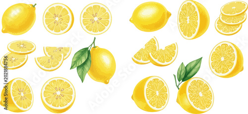Foto Vibrant watercolor illustration of fresh lemons, whole and sliced, with green leaves on a white background