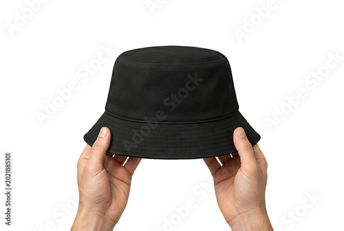 Black bucket hat mockup isolated on transparent PNG background, stylish fashion accessory template for branding and apparel design
