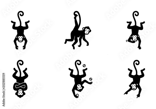 Photography Playful Monkey Silhouettes, 6 Vector Icons Set, Fun Primate Poses, Jungle Animal