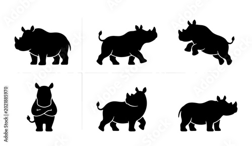 Photography Rhino Silhouette Collection, Six Vector Poses of African Wildlife, Bold Black An