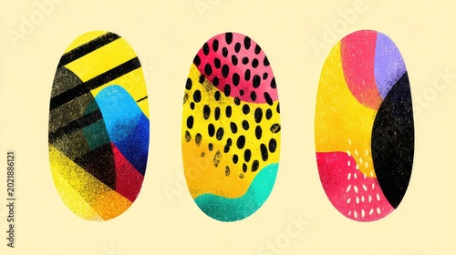 Three elongated abstract shapes display vibrant colors and diverse textured patterns on a light background