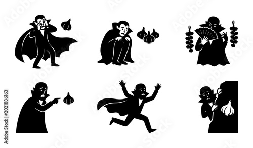 Foto Spooky Vampire Character Set, Halloween Icons, Garlic Fear, Black Silhouette Vec