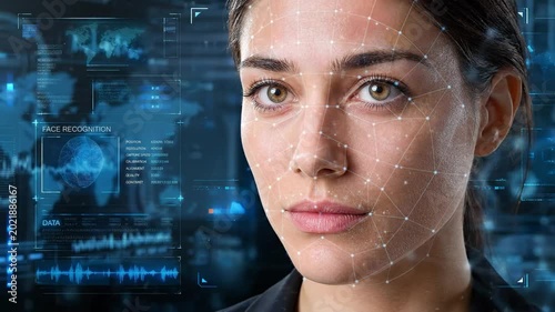 Advanced Biometric Face Recognition System with Digital UI Overlay and AI Scanning Technology for Identity Verification