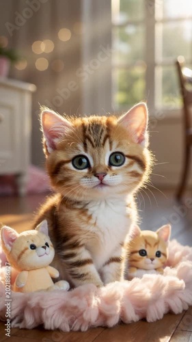 Cute tabby orange kitten  sitting on the floor with  funny cat dolls