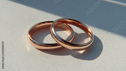 Two interlocking polished metal bands rest on a textured surface bathed in bright sunlight