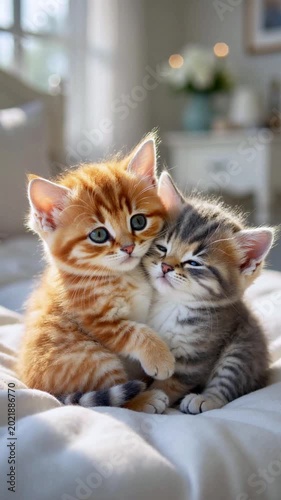 Two cute tabby kitten hugging each other  on the bedroom