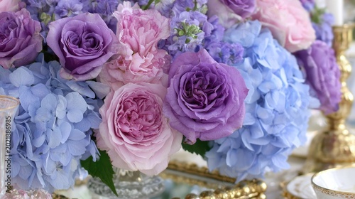 Abundant arrangement of purple and pink roses mixed with light blue blossoms creates a centerpiece display.